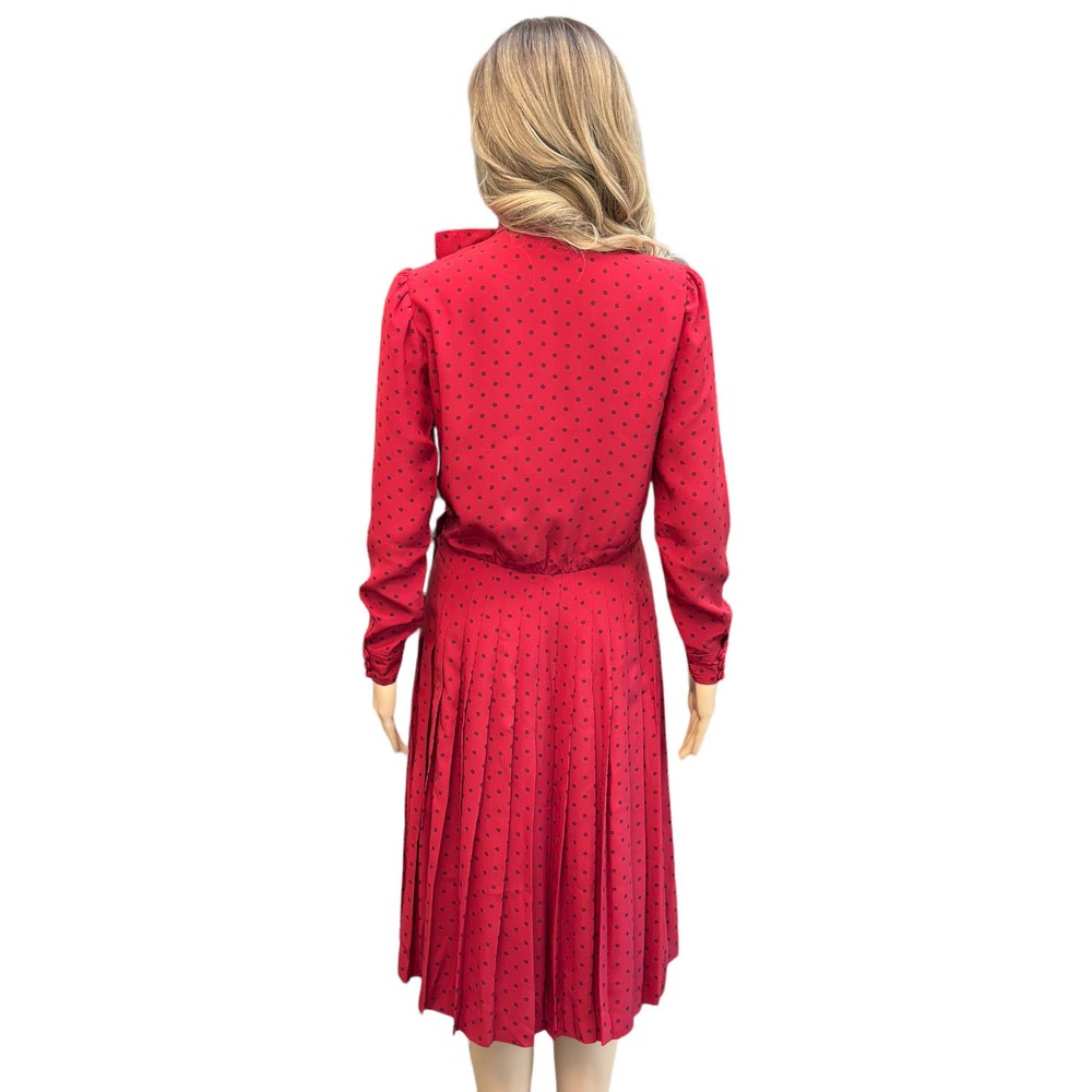 SOLD Vintage 70s 80s Albert Nipon Midi Shirt Dress Red polkadot pleated small - Picture 4 of 16